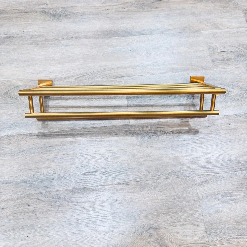 Vintage Brass Towel Rack Shelf Wall Mount Bathroom Hotel Style Organizer READ